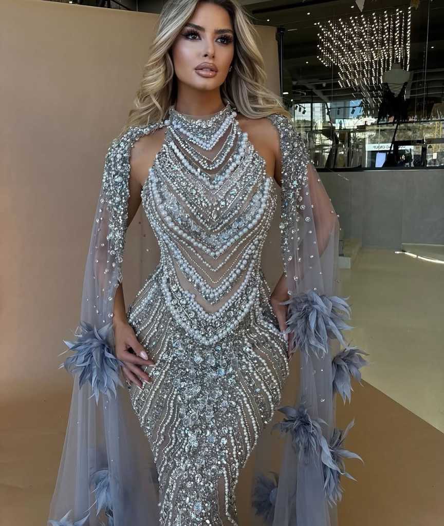 Caramel Color Prom Dress High-End Hanging Neck Long Sleeve Fish Tail Solo Evening Gown Slimming Long Dress for Art Exam Vestido De Noite