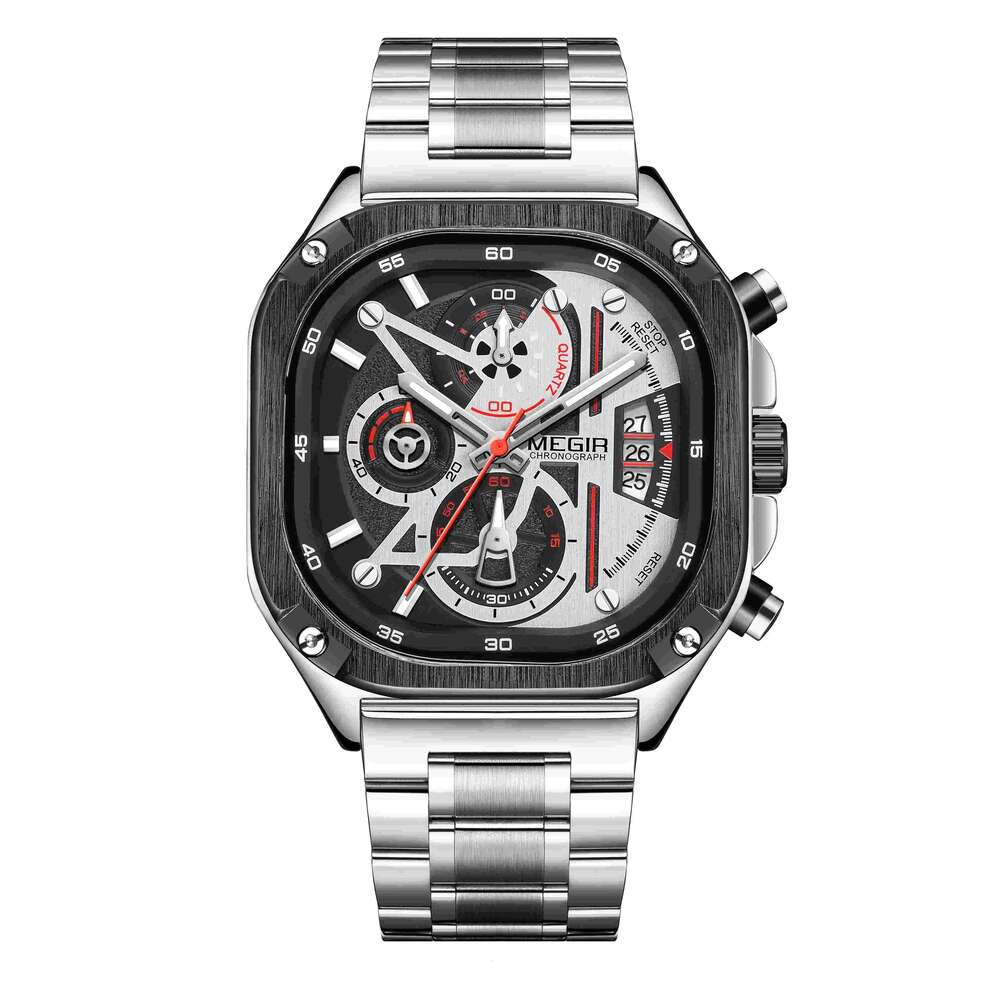 DHwatches MEGIR Men's Square Watch - Digital-Analog Display, Luminous, 30M Waterproof, Stainless Steel, Multifunction Wristwatch