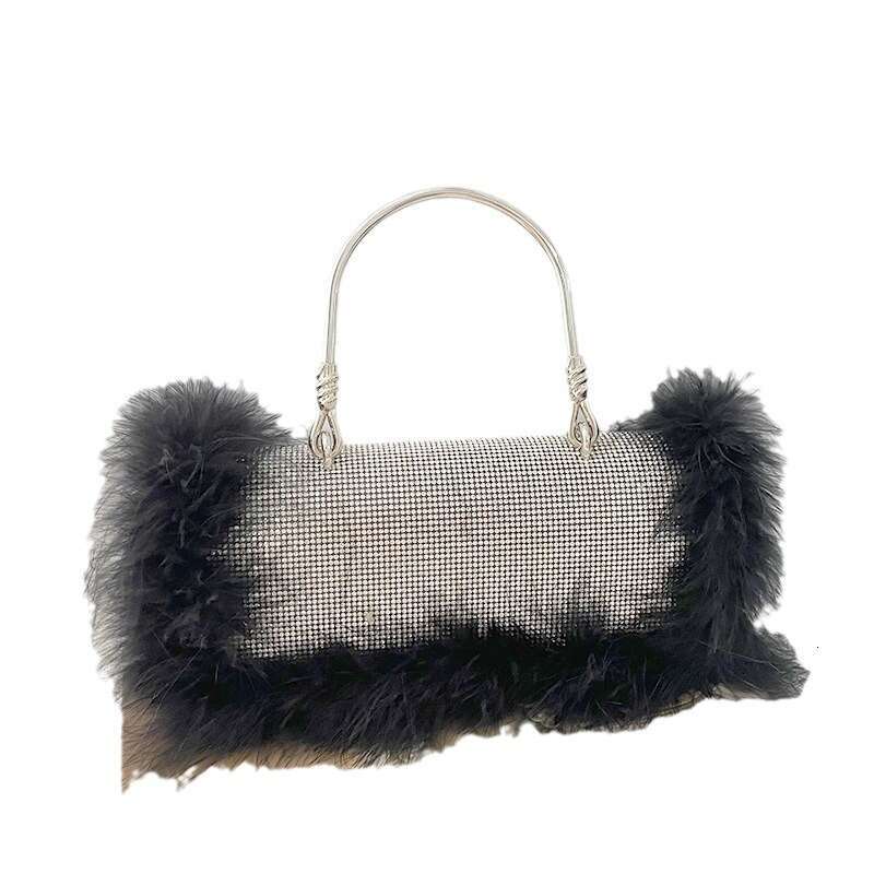 Designer Luxury Evening Diamond Niche Design Ostrich Feather Handbag Full Rhinestone Small Square Fluffy Crossbody Chain Evening Bag
