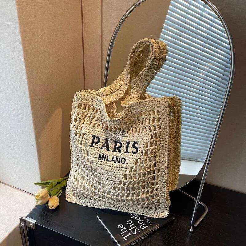 Hollow Woven Women's Embroidery Letter Summer Straw Shoulder Bags Women Beach Bag Large Capacity Casual Tote Female