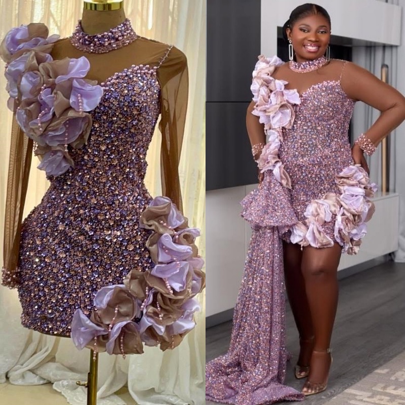 Chic Lilac Sheath Cocktail Dress High Neck Tiers Beaded Full Sleeves Short Mini Graduation Homecoming Dresses For Special Occasions Sweetheart Gowns