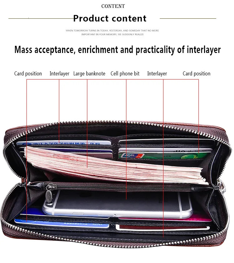 Fashion Mens Long Mobile Phone Bag Business Leather Multi Function High Capacity Zipper Wallet with Hand Belt 250723