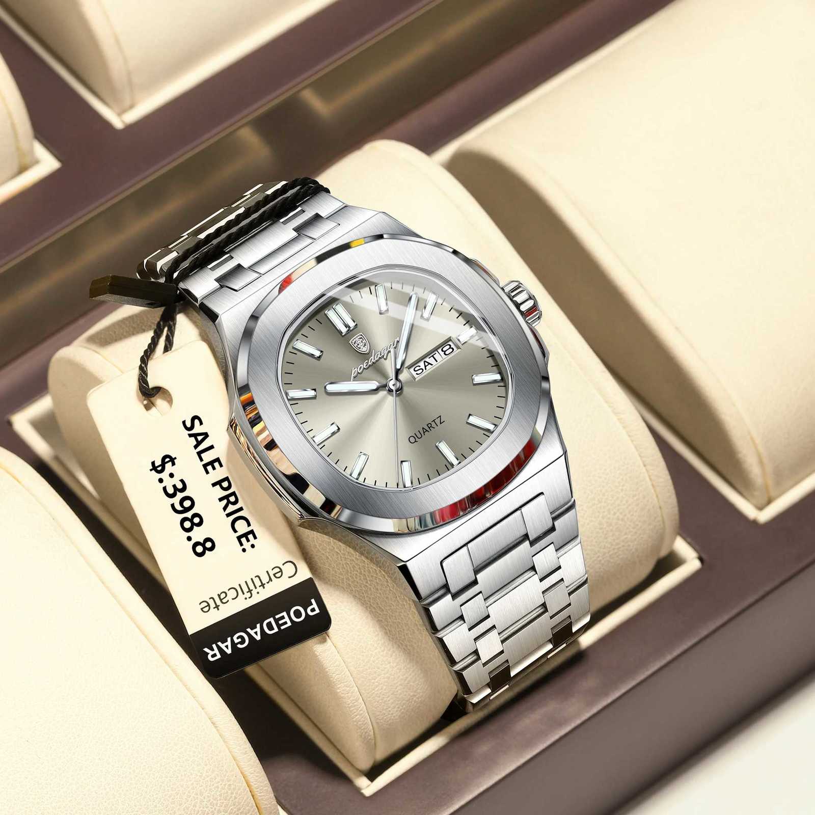 POEDAGAR Luxury Business Men Watch Stainless Steel Waterproof Luminous Mens Watches Date Week Fashion Quartz Man Wristwatch with Box W250724
