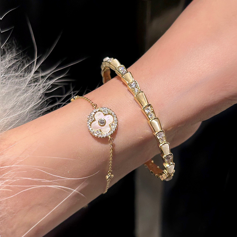 Gold Tone Clover Shaped Bracelet Shell Inlay & Crystal Accents Elegant Party Jewelry And Daily Wear Gift For Her High Quality And Stylish Jewelry