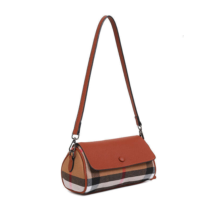 Plaid with Genuine Leather Flap Brown Cylindrical Women's New Simple Versatile Shoulder Crossbody Bag