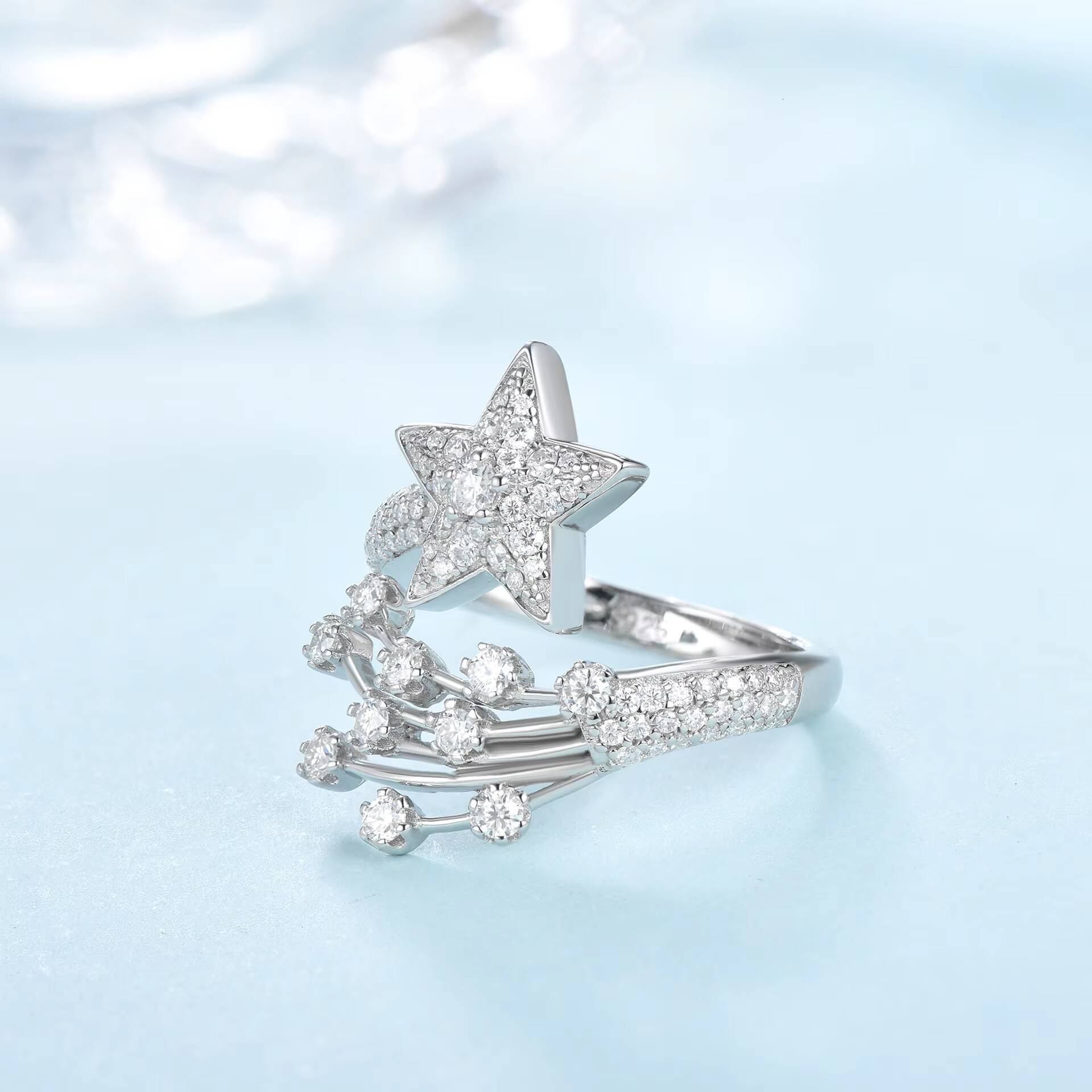 Fashion Designer Jewelry Shooting Star Ring S925 Sterling Silver Full Diamond Moissanite Five-pointed Star Open Ring for Women