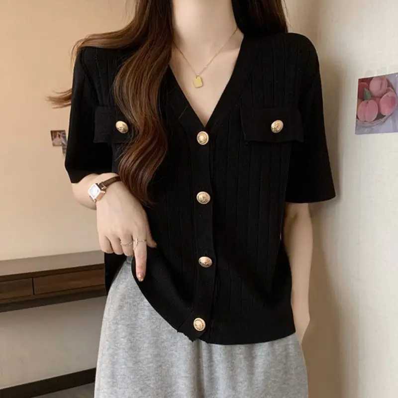 Summer Korean Version Swt V-neck Button Cardigan Women Elegant Fashion False Pocket Short Sleeve Tops Casual Loose Knitwear X250724