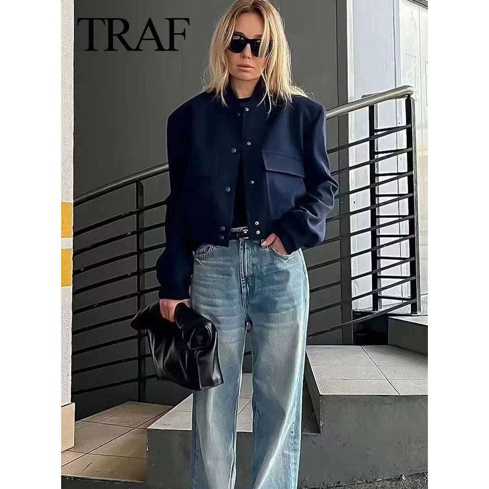 TRAFZA Women Vintage Solid Long Sleeve Bomber Jacket Casual Coats Streetwear Female Elegant Lapel Zipper Jakcet