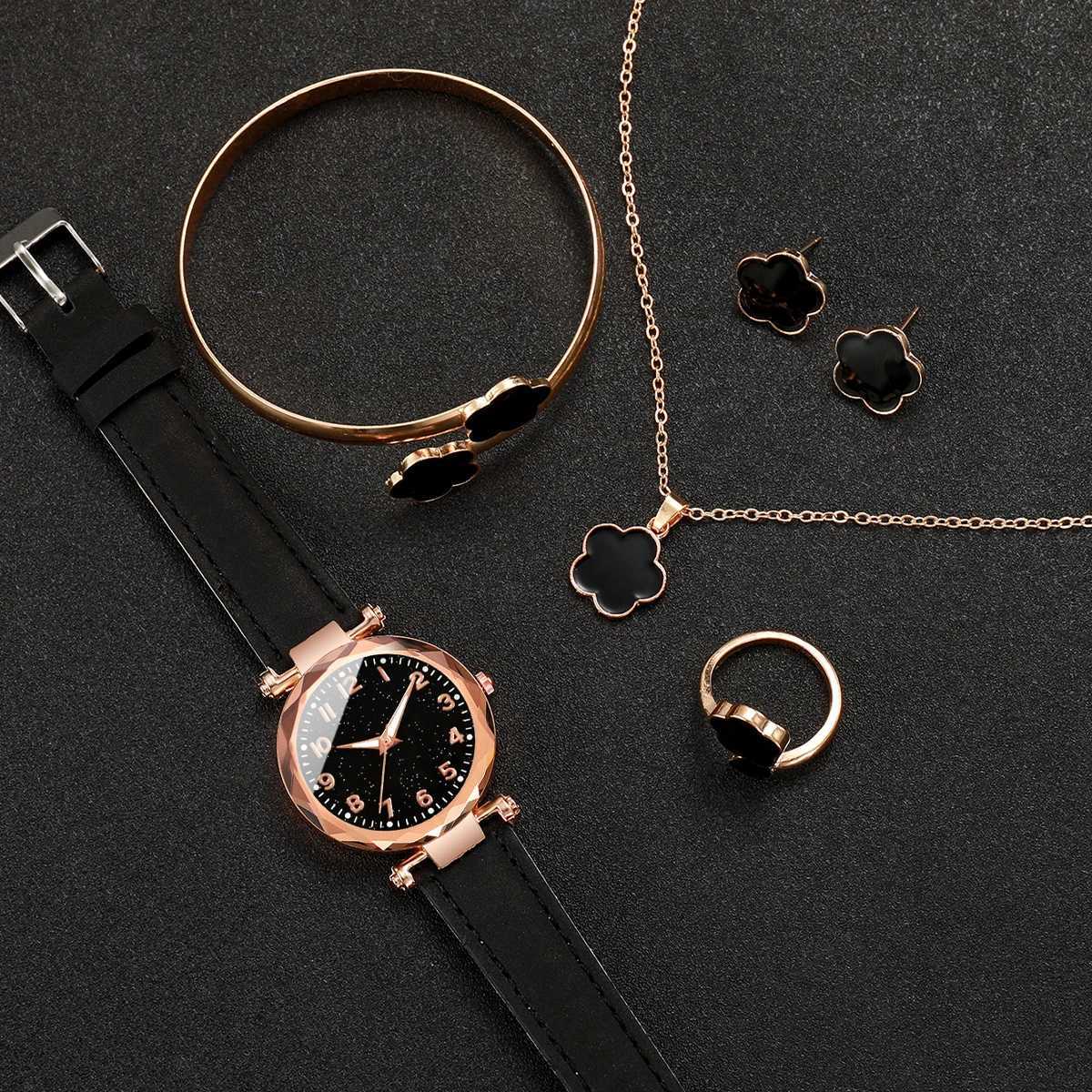 6PCs/Set Womens Watch Fashion Digital Leather Quartz Watch with Unique Flower Jewelry Set W250724