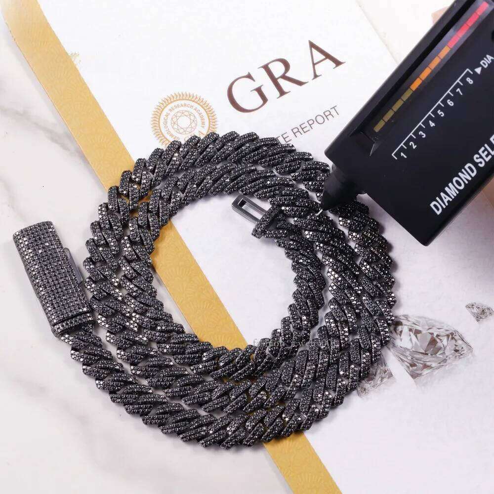 VVS Dia 2rows 10mm 12mm S Sier Hip Hop Necklace Men Black Moissanite Cuban Link Chain For Fashion Jewelry