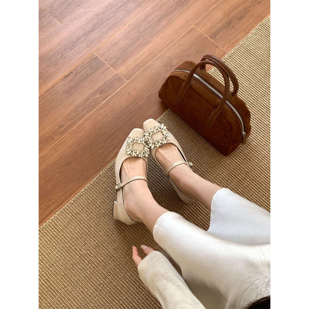 Designer Spring New High Heels for Women, Outdoor Wear, High-End Rhinestone Square Buckle Mary Jane Shoes, Soft Sole Women's Shoes