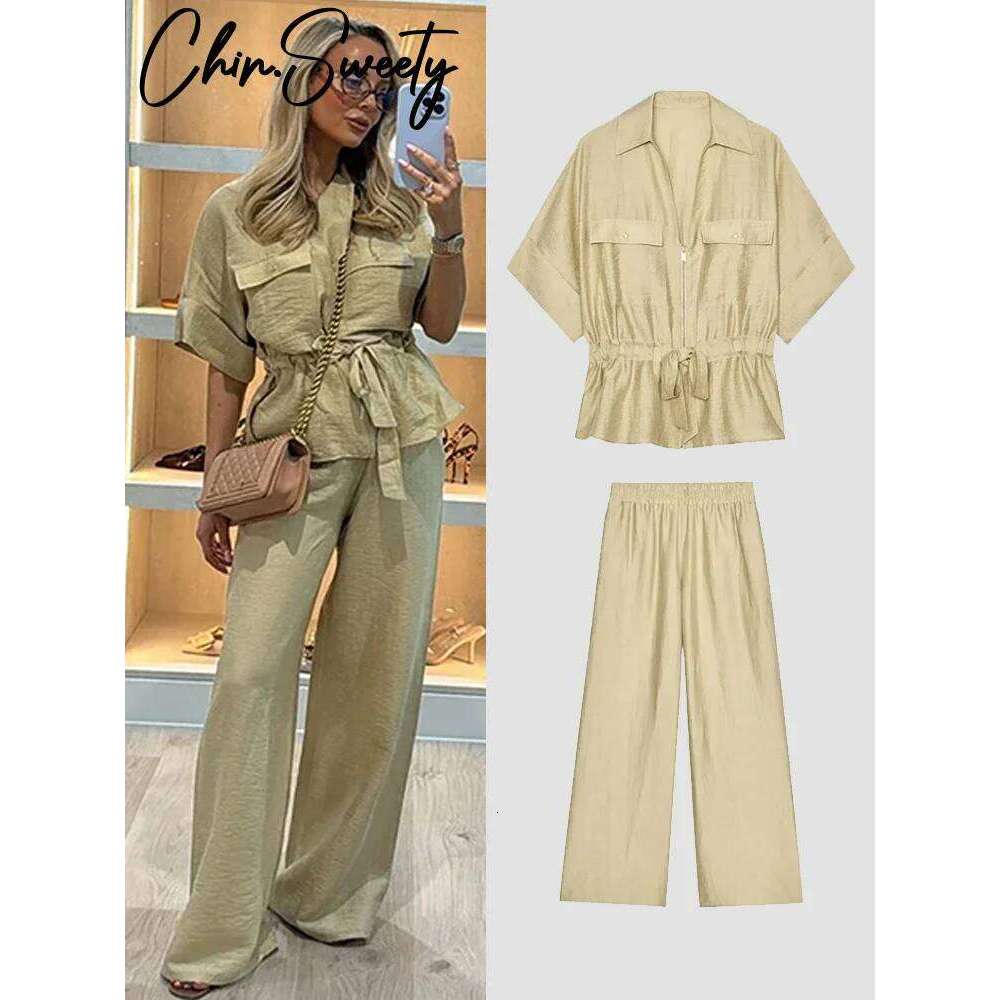 Designer niche casual loose zipper V-neck lace-up pleated top wide-leg trousers set summer women's single clothing new product