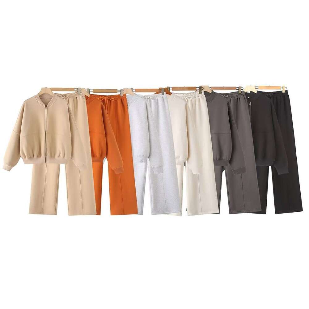 TRAFZA Women's INS Zipper Bomber Jacket Sweatshirt Elastic Waist Pants Set B5