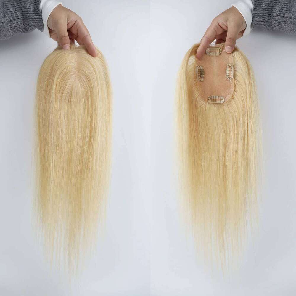 8x12cm Light Blonde Human Topper Silicon Skin Base Virgin Hair Piece Silk Top Scalp Toupee with Clips in for Women #613