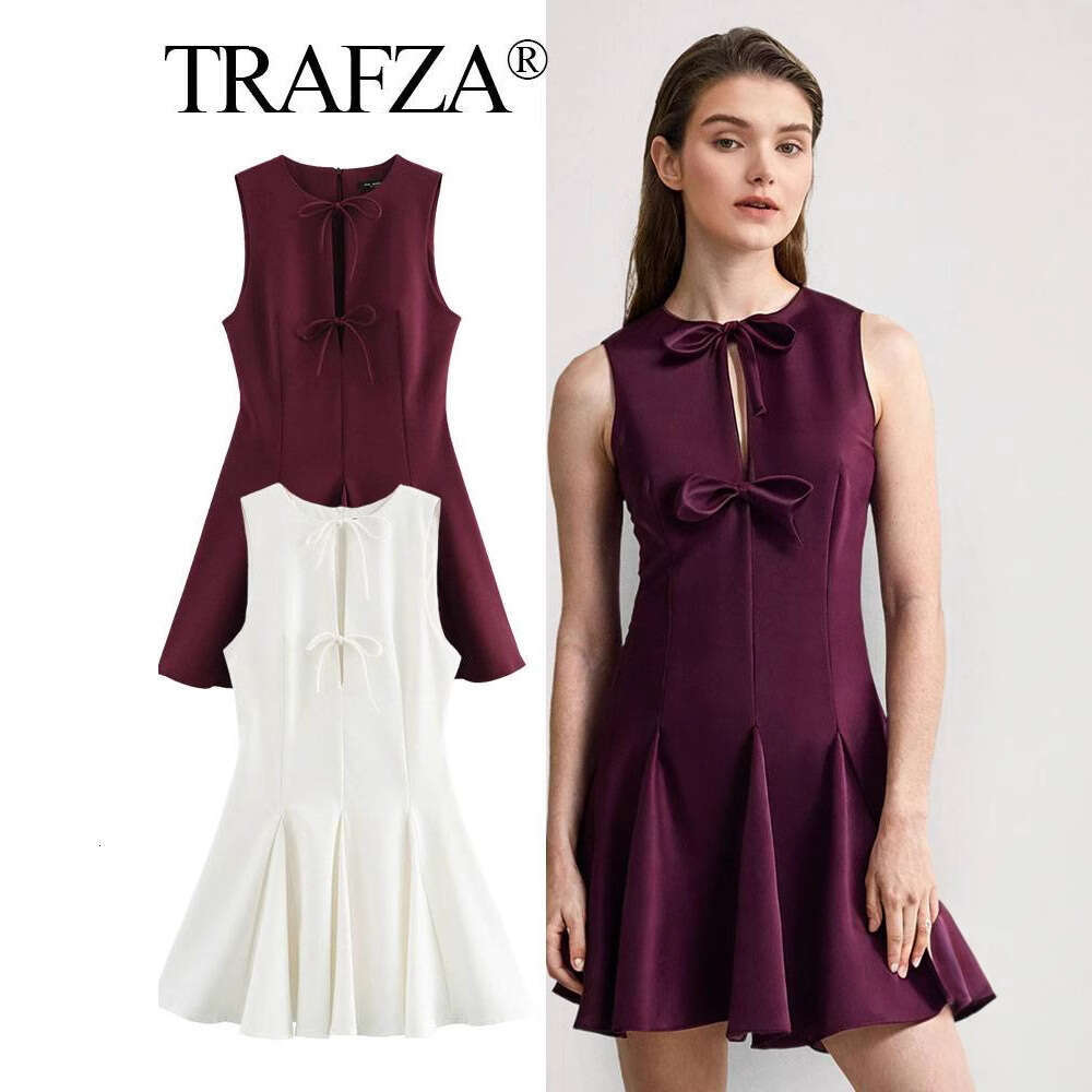 TRAFZA Spring Summer New Style Women's Fashion Sexy Wide Hem Bowknot Dress B5