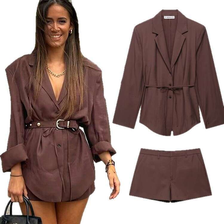TRAFZA Style Women's Slim Blazer Tie Belt Decorated Shorts Set B5