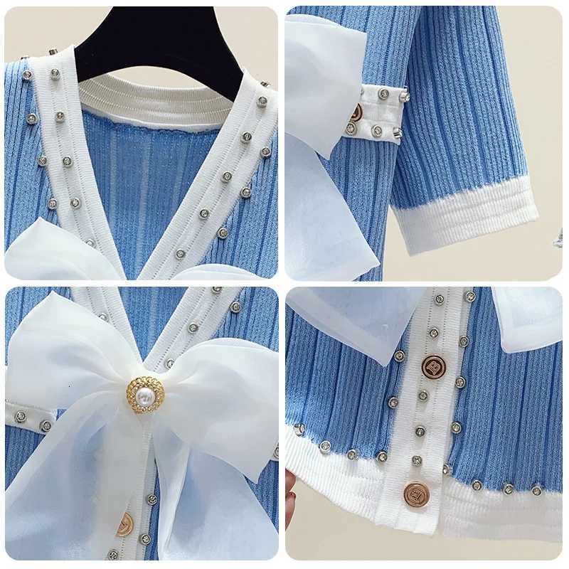 2025 New Summer Fashion Women Bow V Neck Single-Breasted Knitted Short Sweater Patchwork Color NailDiamond Cardigan Tops Female X250724