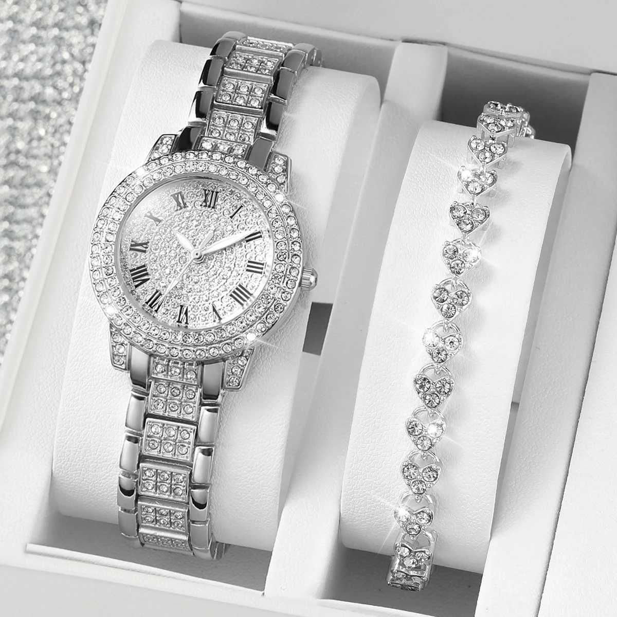 2pcs/set Women Stainless Steel Band Diamond Quartz Watch and Bracelet Set W250724