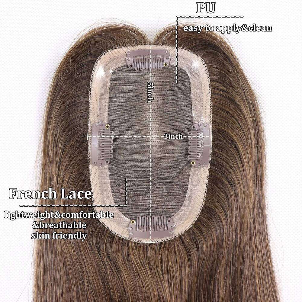 16" Brown Clip In Toppers Women Blonde Breathable Lace With PU Human Pieces For Loss Or Thinning Hair