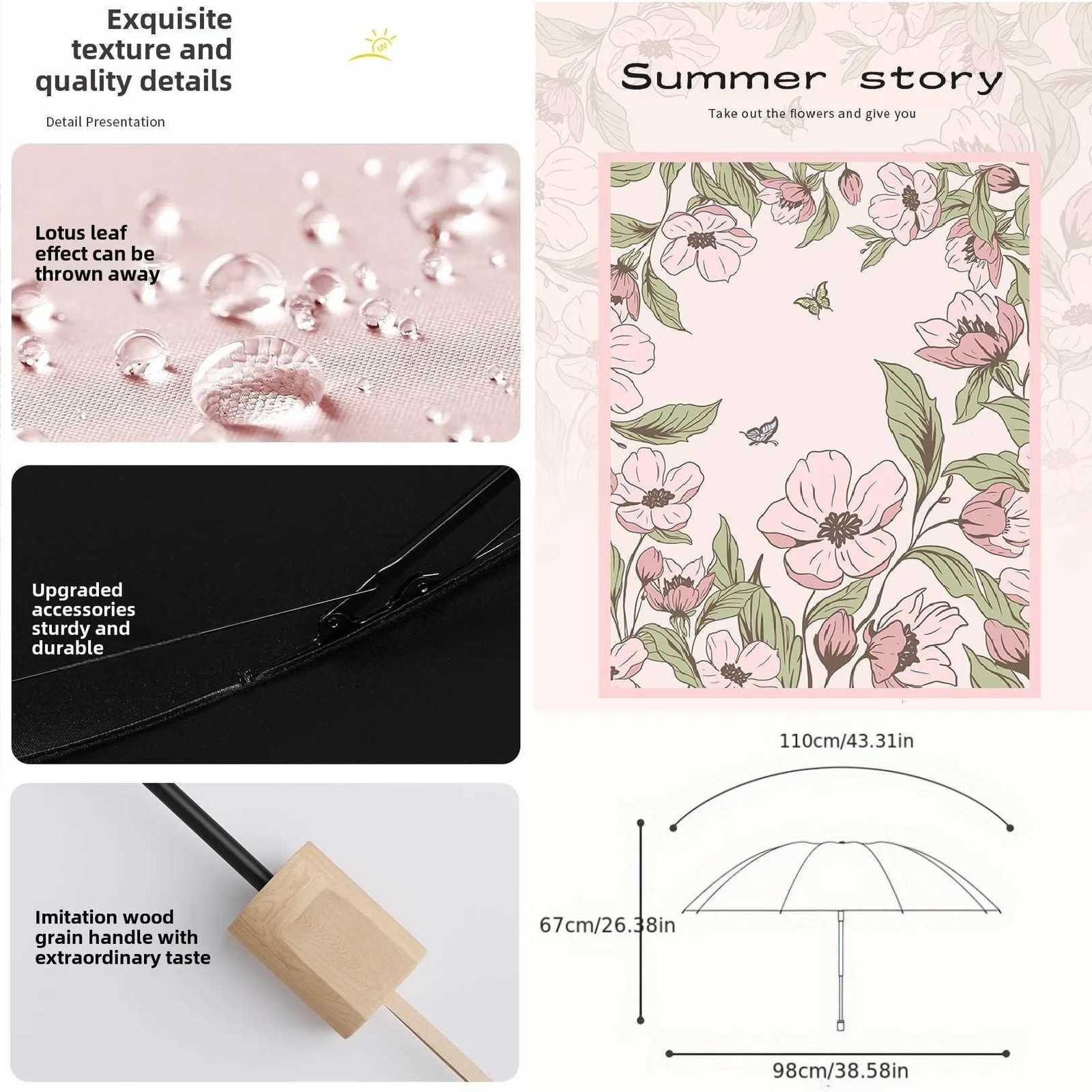 50+ Sun Umbrella Romantic Flowers Print UV Protection Umbrella Elegant Vinyl Coating Rain Parasol Sun Shade Folding Umbrellas R250724