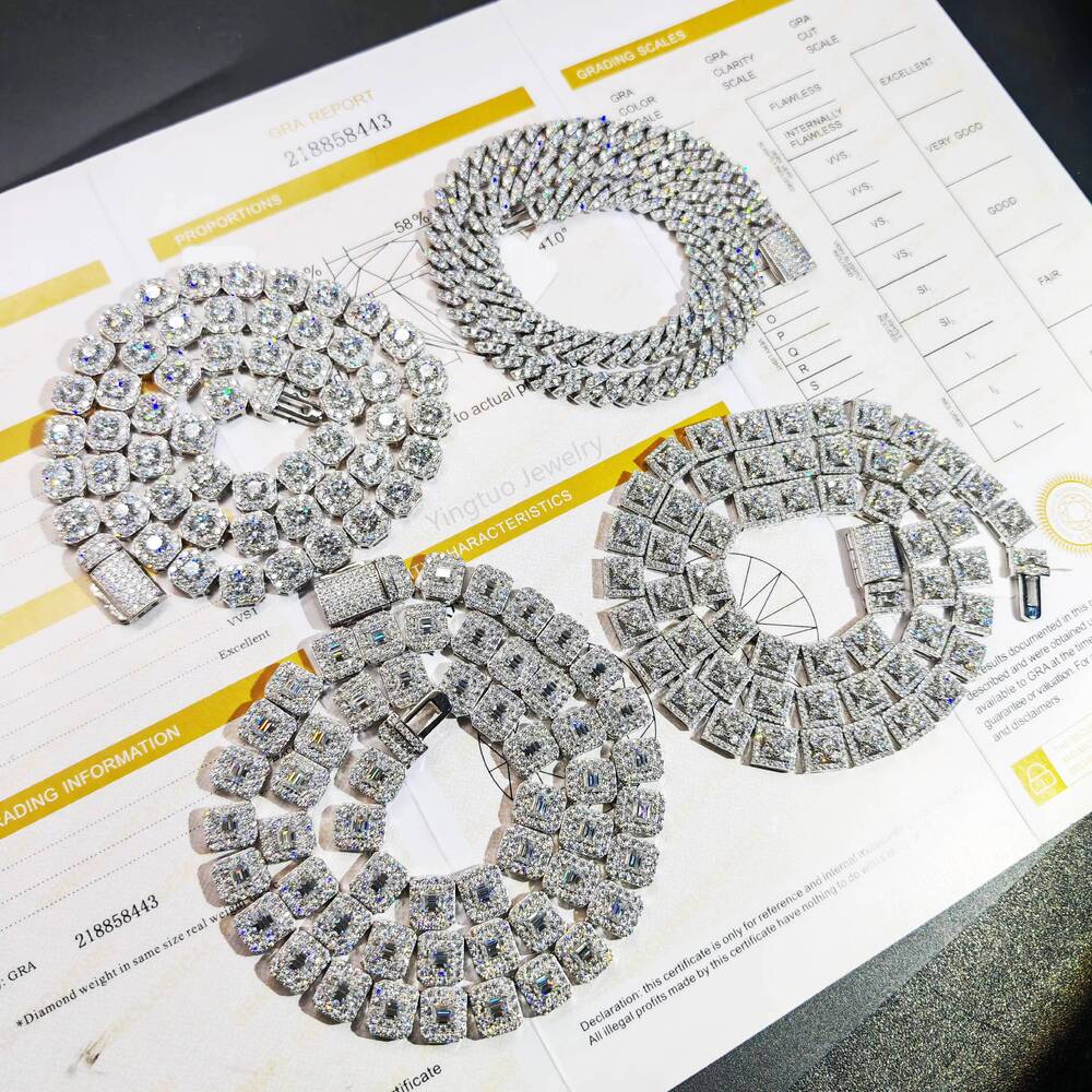 Yingtuo Jewelry Hip Hop Iced Out Fine Jewelry S925 Silver Vvs Moissanite Tennis Chain Necklace Bracelet