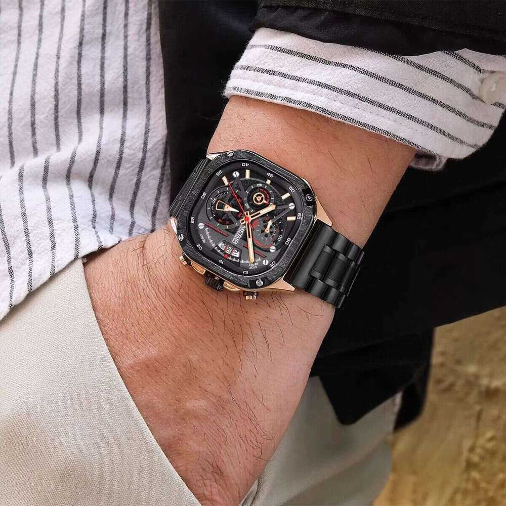 DHwatches MEGIR Men's Square Watch - Digital-Analog Display, Luminous, 30M Waterproof, Stainless Steel, Multifunction Wristwatch