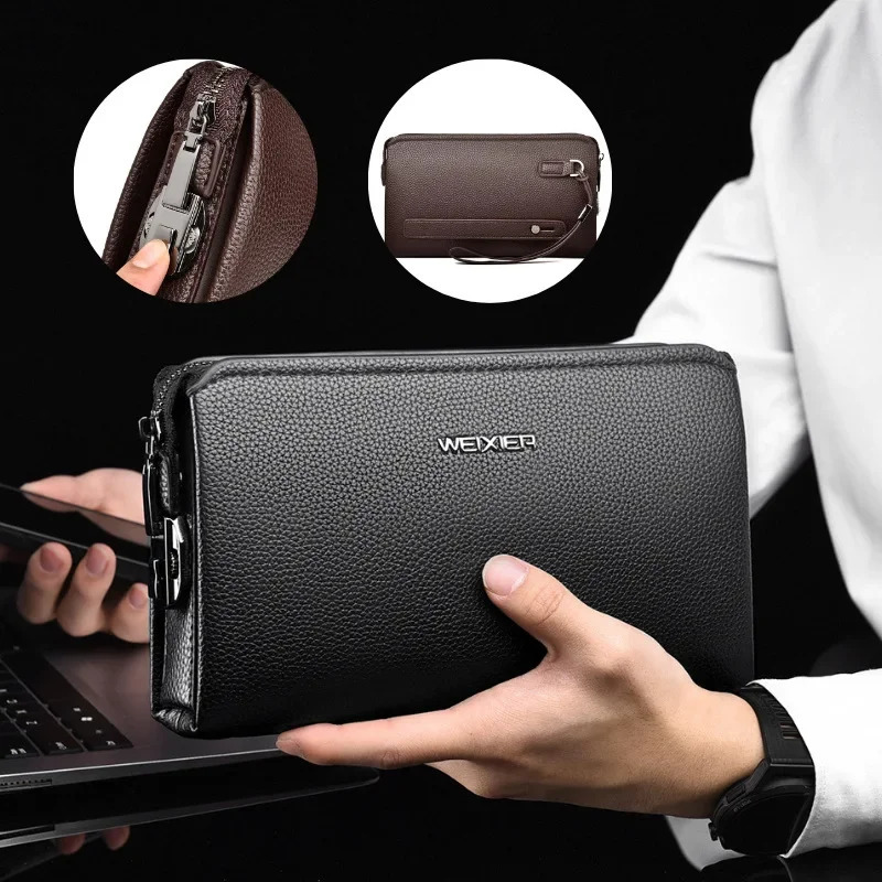 Mens Handheld Bag High end PU Leather Long Wallet Large Capacity Multi Card Slot Wrist Bag Password Anti theft Phone Bag 250723