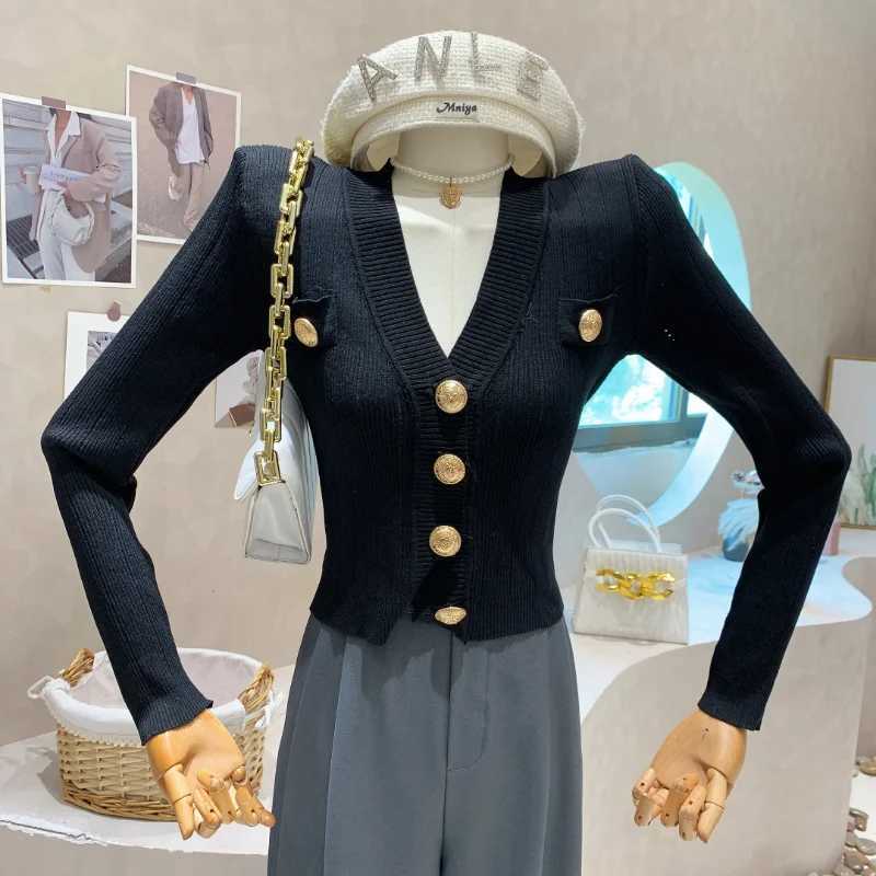 2025 Sweaters for Women Gentle Slim Korean Clothes Cropped Cardigan V-neck Metal Button Knitted Jacket Sun Shirts X250724