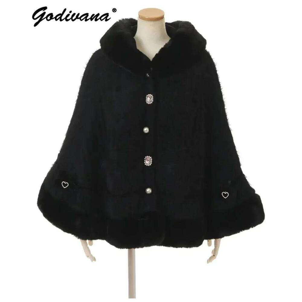 Designer niche Japanese sweet soft thick women double large ribbon hooded knitted cape color autumn and winter poncho thermal jacket