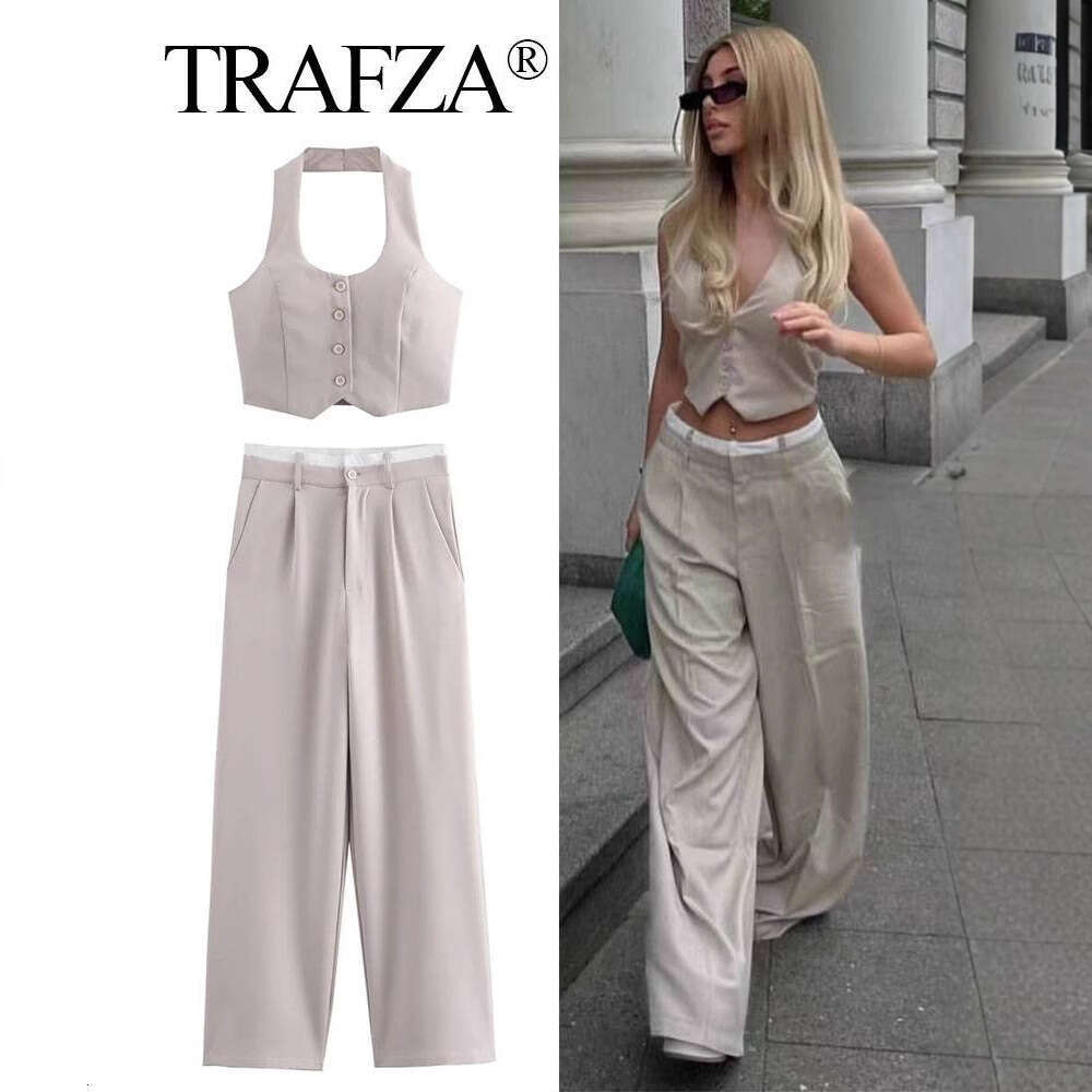TRAFZA Slim Fit Tailored Halter Neck Tank Top And Long Pants Set B5