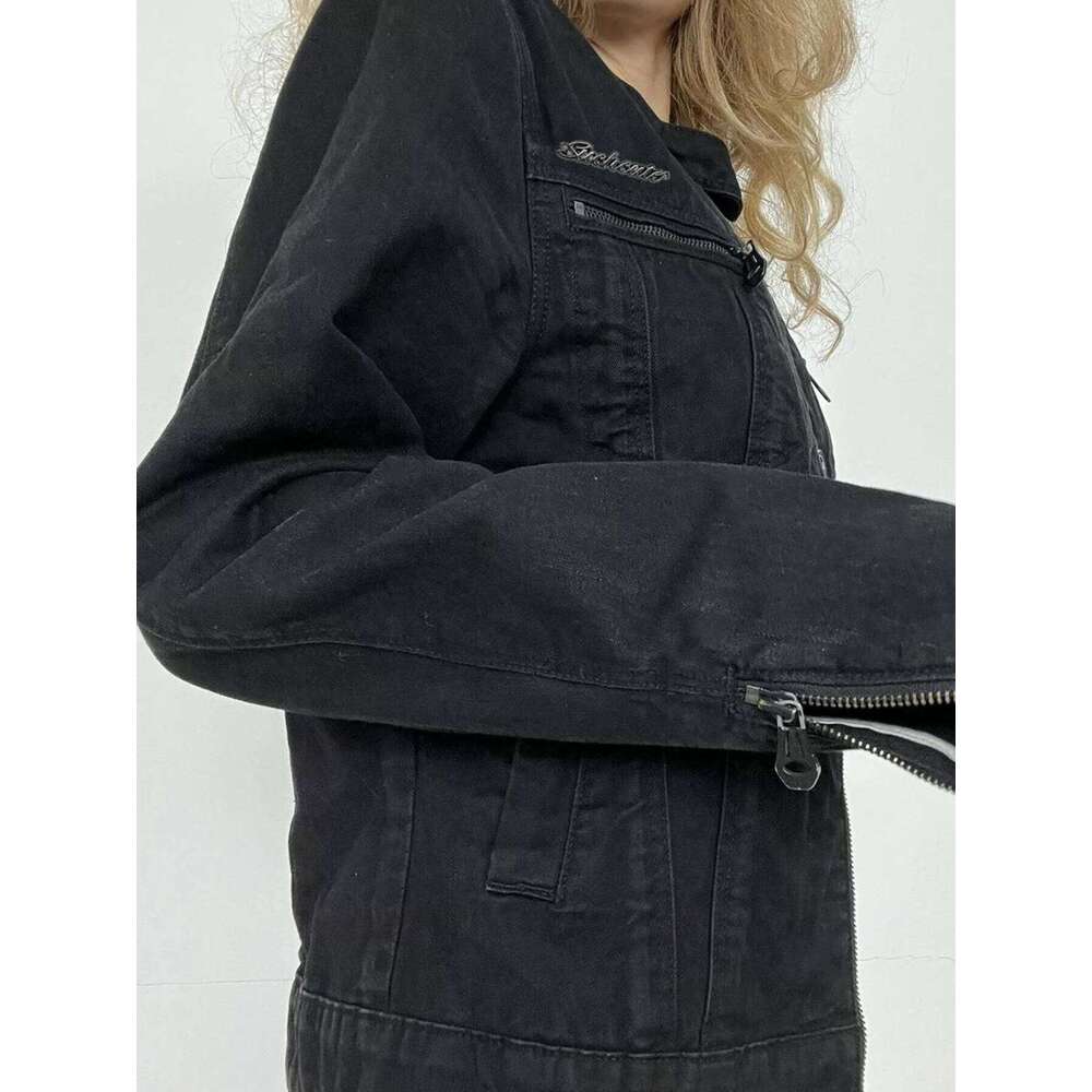 Designer Niche Rockmore Streetwear Double Zip Denim Jacket Solid Casual Vintage Long Sleeve Haruku Cargo Style Women's Jacket