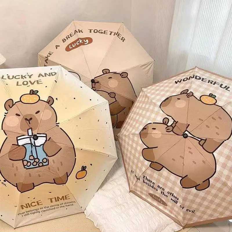 Capybara Cute Cartoon Design Automatic Umbrella Windproof UV Protection Umbrella for Women Girls Sunny and Rainy Folding Umbrella R250724