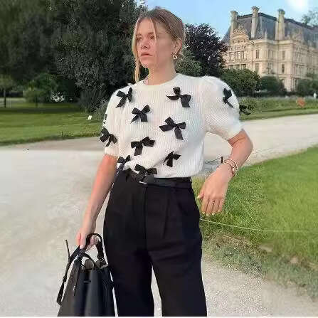 TRAFZA Women's Winter New Street Fashion Bowknot Short Sleeve Solid Color T-Shirt Sweater B5