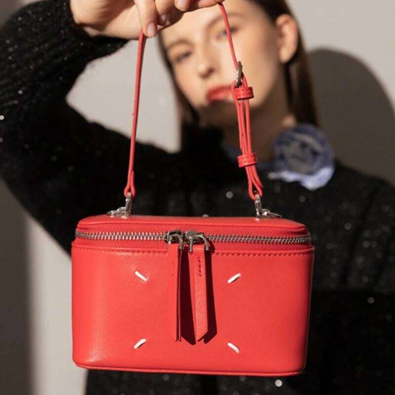 Sheepskin Box Makeup Genuine Leather Phone Fashionable Red Small Bag, Single Cross Shoulder Handbag For Women