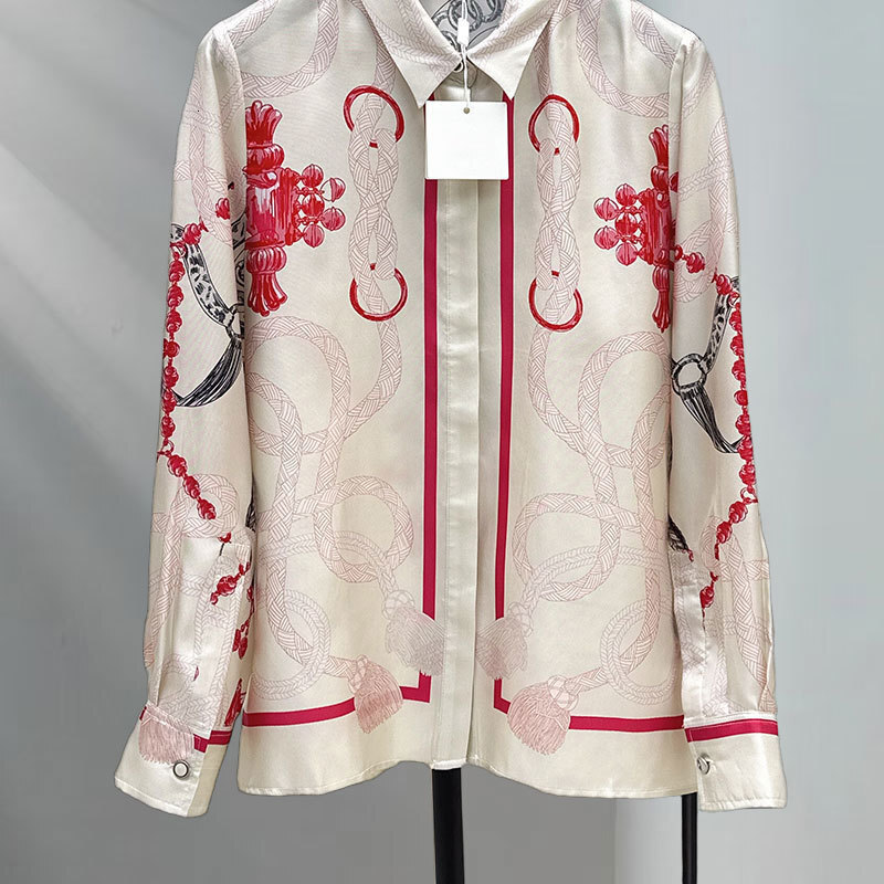 Women's Chain Print Silk Shirt Y2K Luxury Designer Classic Long Sleeve Single Breasted Oversized Blouse Casual Fashion Runway ClothingS0763