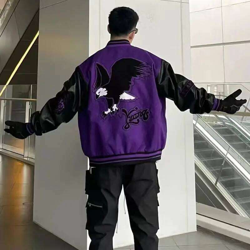 Women's Wear Vintage Varsity Jacket Men Purple Baseball Jackets Embroidery PU Faux Leather Sleeves Spring Autumn Women Bomber Coat