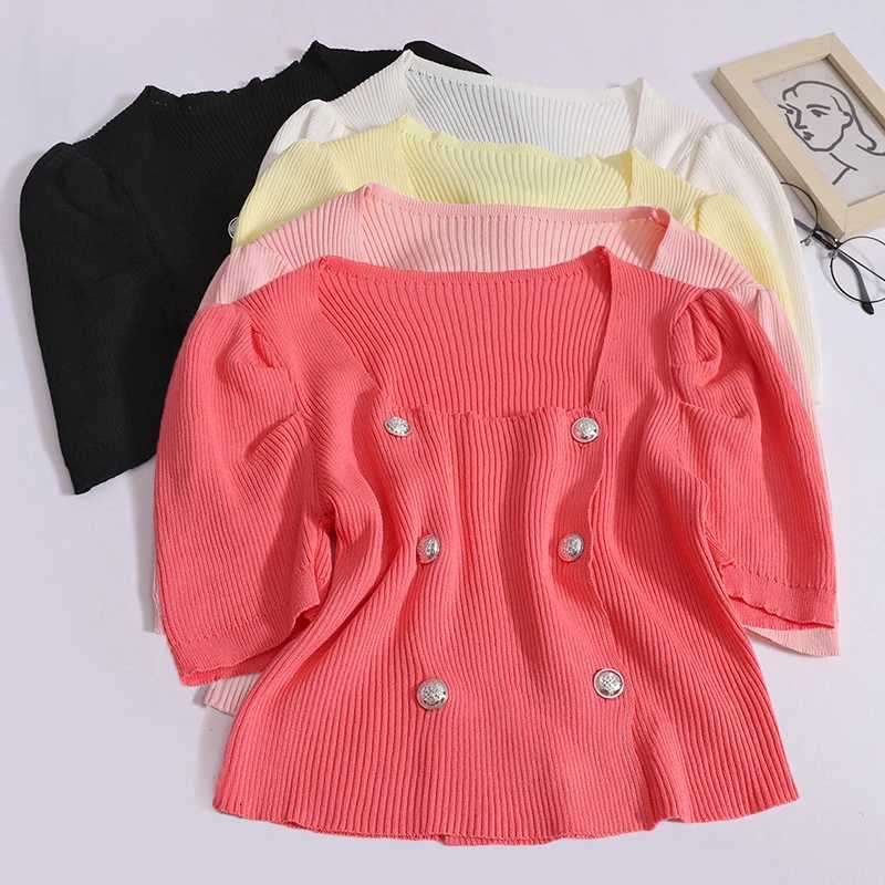 Women Fashion Double-Breasted Square Neck Cardigan New Slim Solid Short Sleeve Knit Shirt Summer Design Worn Outside Crop Tops X250724