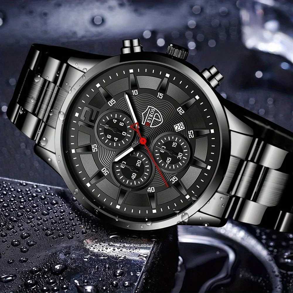 4pcs Classic Black Mens Watch Quartz Watches Are Suitable for Everyday Wear W250724