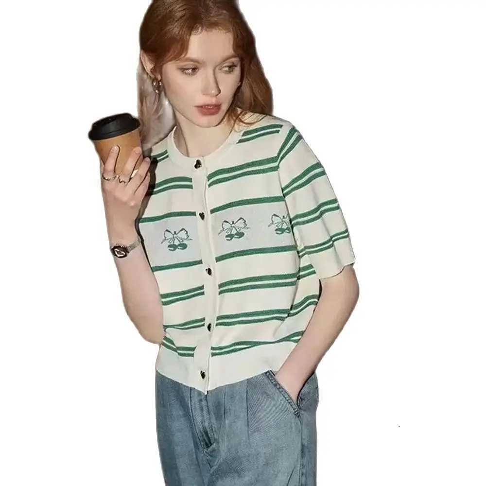Women Summer Short Sleeve Striped Cardigan Sweater Classic Striped O-Neck Knitted Cardigan Fashion Loose Single Breasted Top X250724