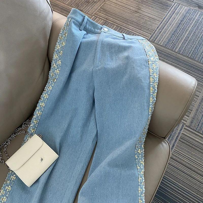Lanjia- Women's Tracksuits Neploe Autumn Casual All-Match Suit Wid Leg Pants Western Small Fragrance Exquisite Coat Sequin Turn-Down Collar Set 3