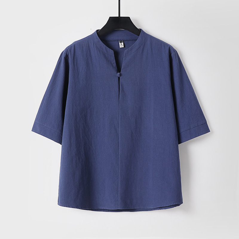 Plus Size Linen for Men, Summer Chinese Style, Cotton Linen, Half Sleeve, Button Down, V-Neck, Men's 3/4 Sleeve T-Shirt