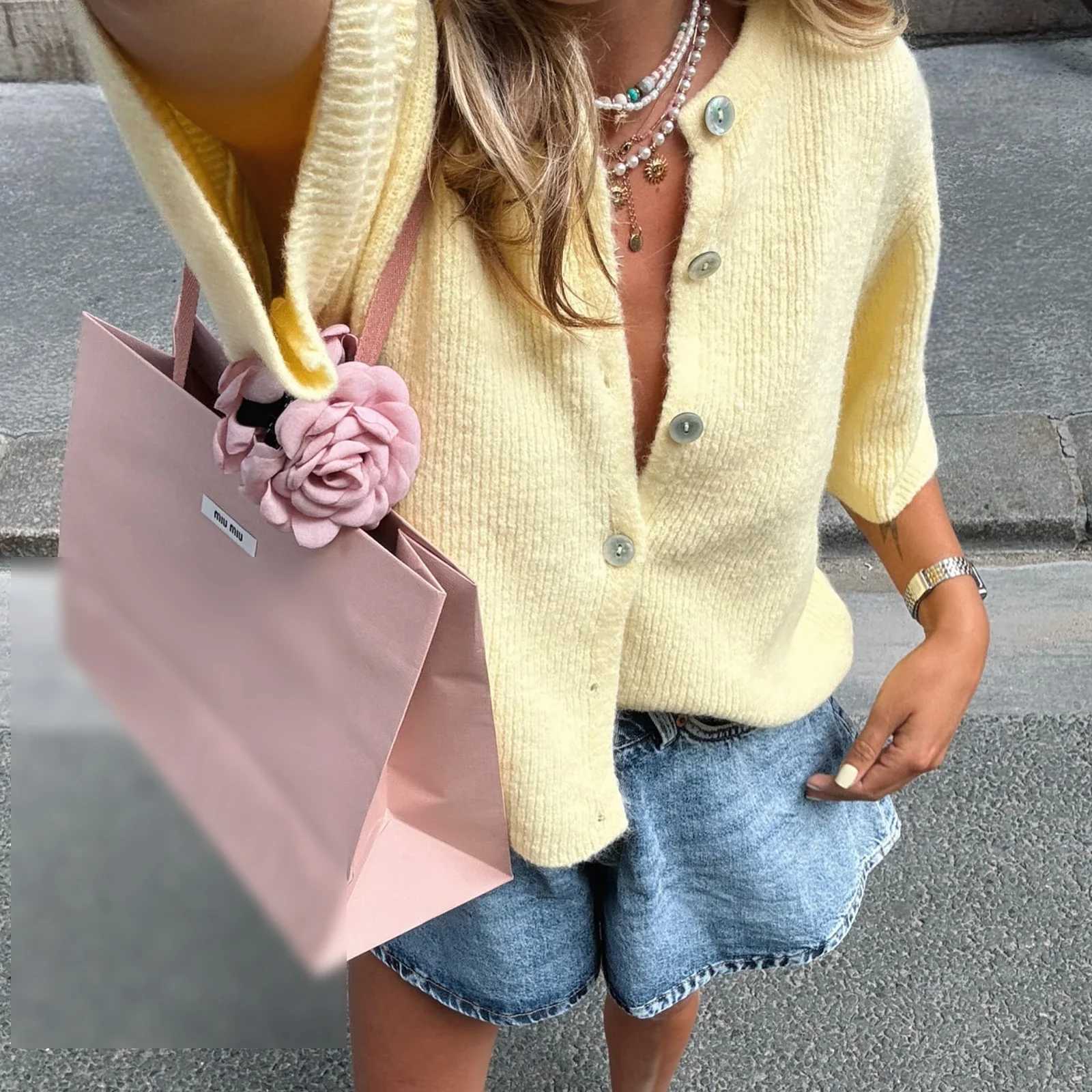 Women Knitted Crop Cardigan Shirt Short Sleeve Button Down Ribbed Knit Crop Top Y2k Girls Outerwear Top T Shirt for Winter Fall X250724