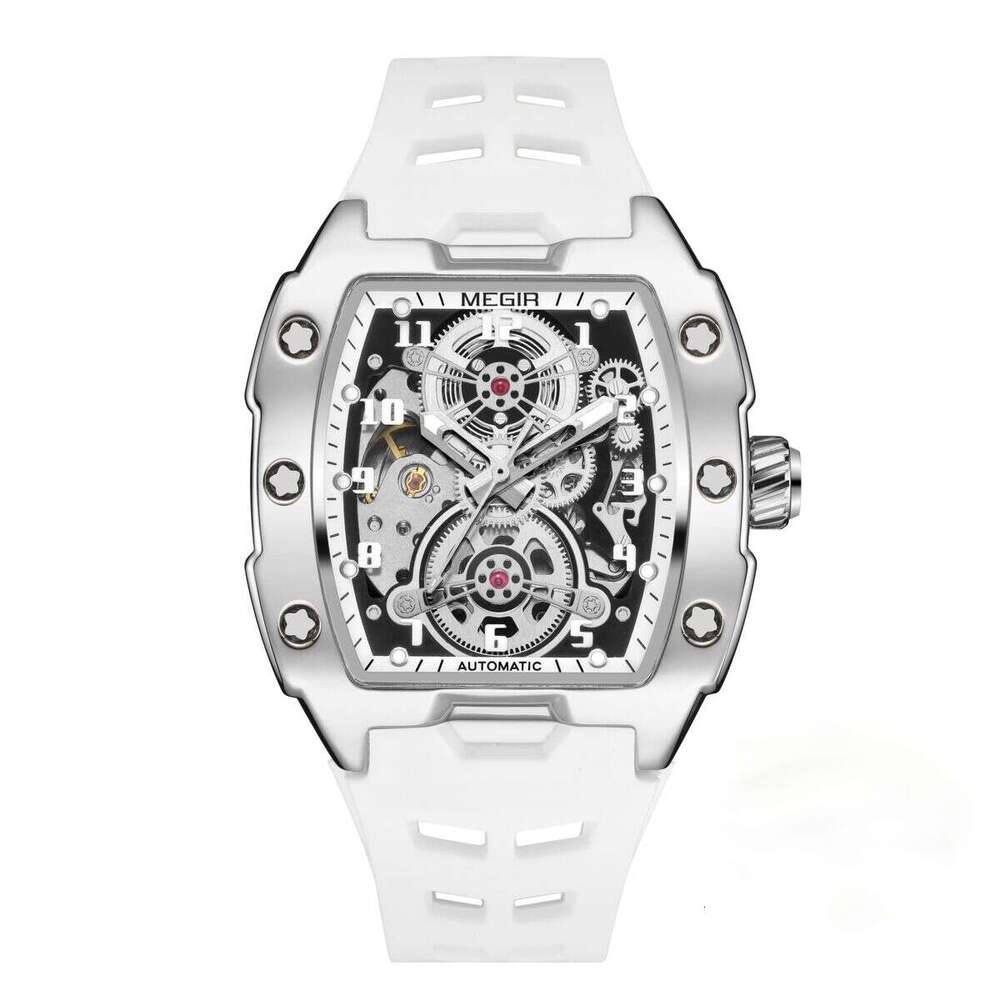 DHgargets MEGIR Men's Skeleton Tonneau Watch - Automatic Mechanical, Luminous, 30M Waterproof, Silicone Strap, Fashion Wristwatch