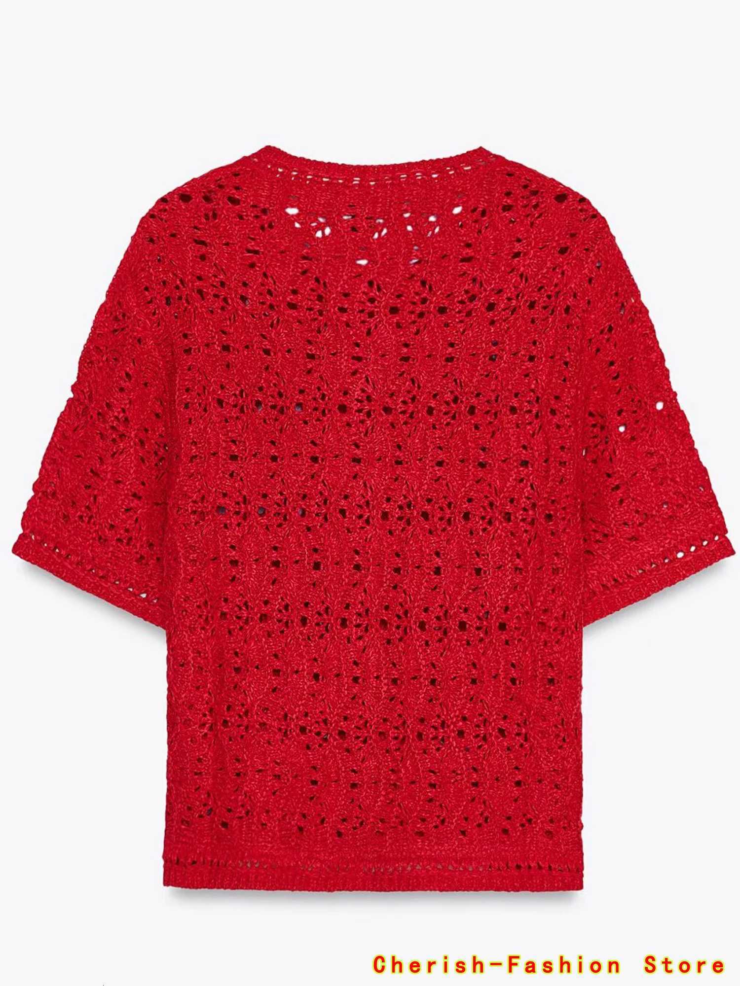 2025 New Red Knitted Short Sleeve Cutout Design Cardigan for Women Summer Casual Fashion Personality Versatile Knitwear X250724