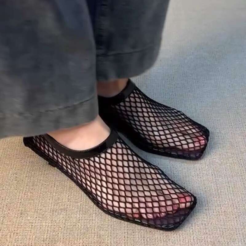 Heel Sandals Sandals Shoes Women Heels Niche Fishnet Hollow Breathable Square Toe Single Shoes Slip On Cat Heel Sandals Woven High Heels