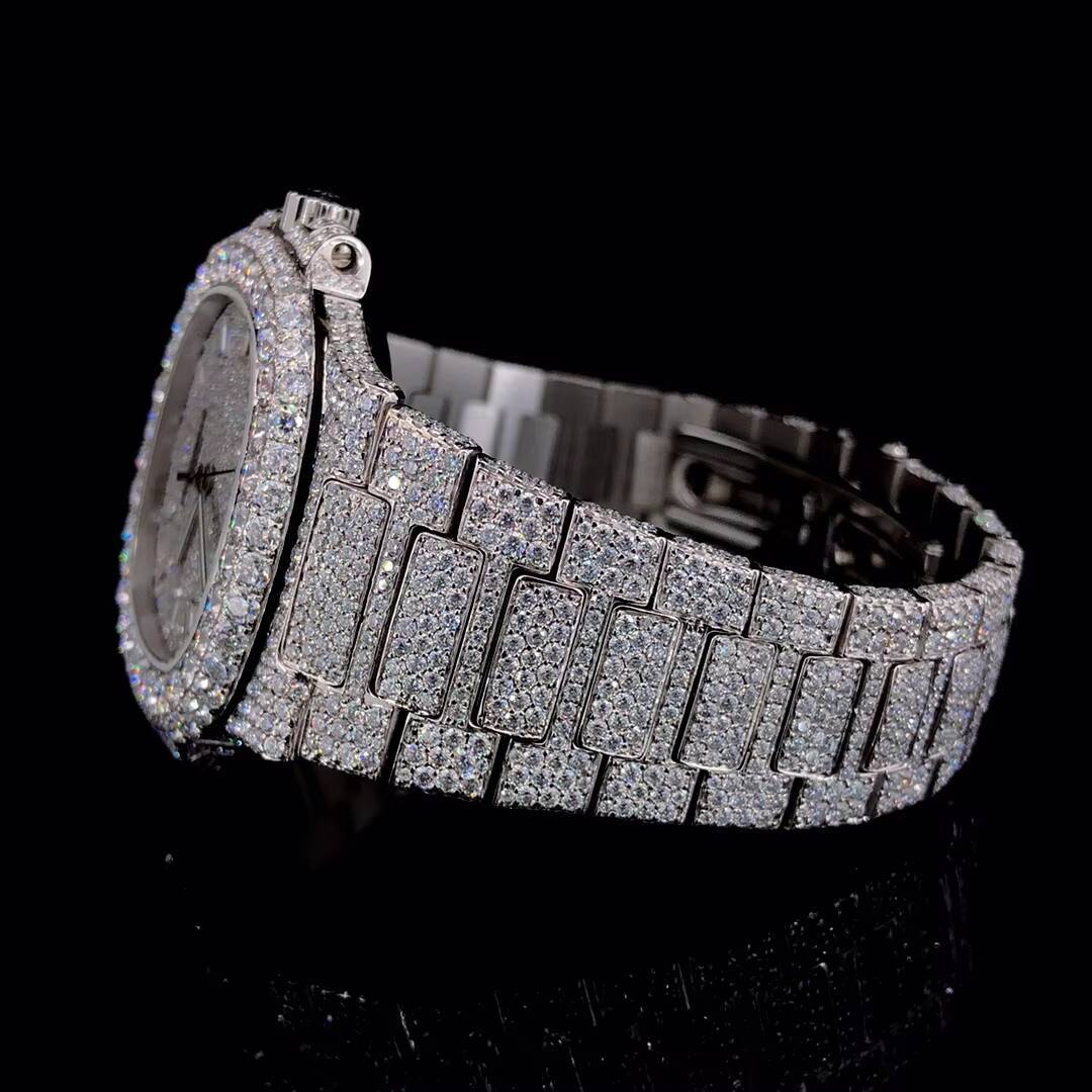 High Quality VVS Moissanite Diamond Wrist Watch for Men Hot Selling Stainless Steel Band Quartz Movement Iced out Hip Hop Style