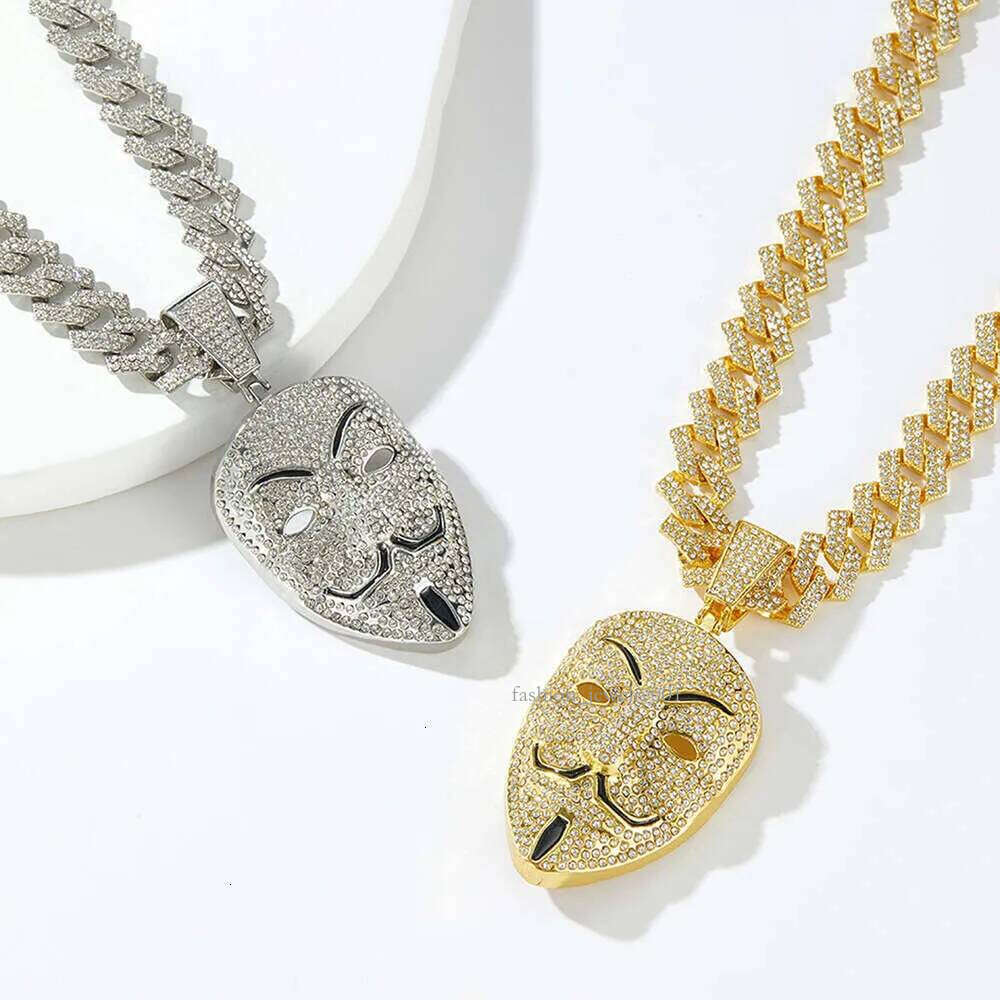 Halloween Hip-Hop Full Dia V for Vendetta Guy Fawkes Mask Alloy Pendant Men's Cuban Necklace