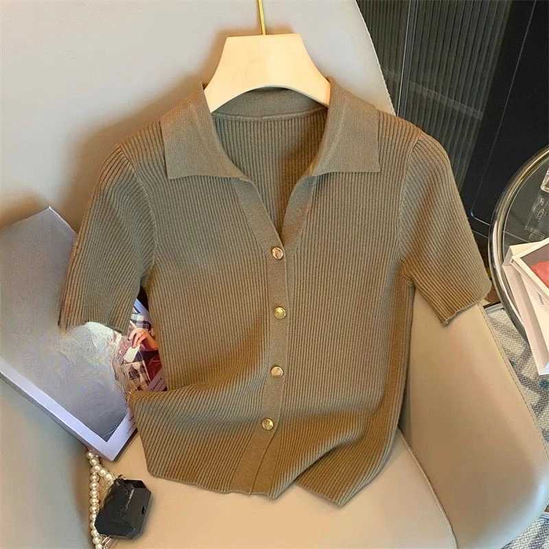 2025 Korean Summer Thin Cardigan Short Sleeve T-Shirt Casual Single Breasted Knitted Polo-neck Shirt for Women X250724