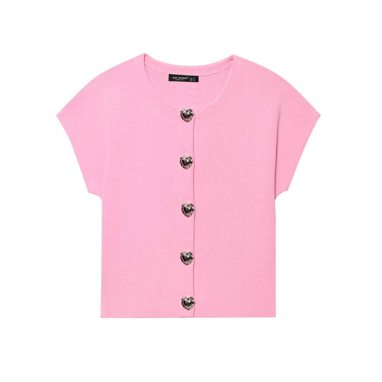 2025 Summer New Product Womens Clothing Fashionable and Versatile Heart Button Round Neck Short Sleeve Knitted Top X250724