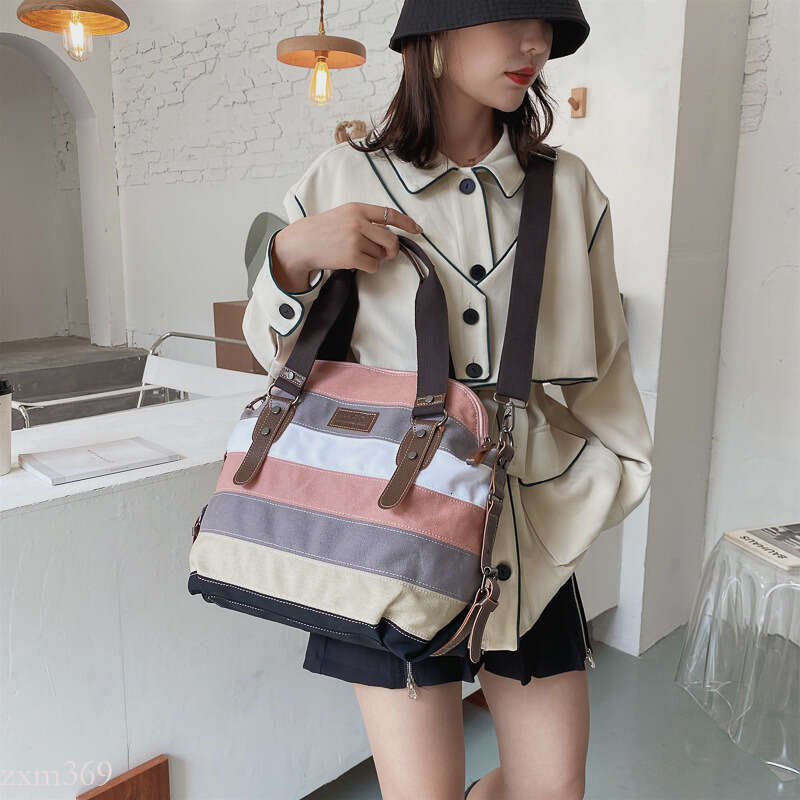 2024 New Canvas Handbag Women Rainbow Stitching Large Capacity Crossbody Shoulder Bag